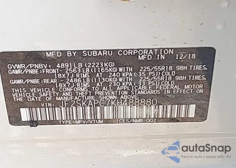 2019 Subaru Forester Sport z USA, uszkodzony, nr VIN JF2SKAPC7KH488880